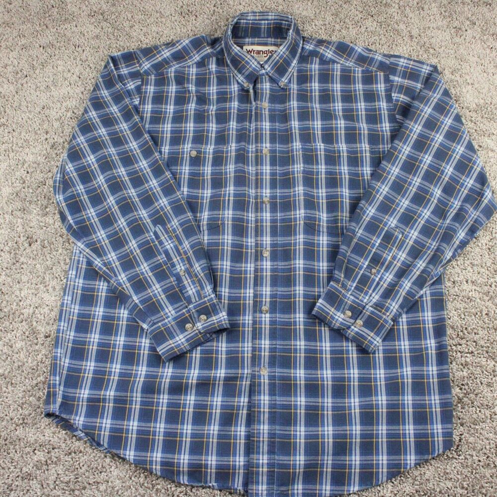 Wrangler Rugged Wear Plaid Shirt Mens Large Blue Cotton